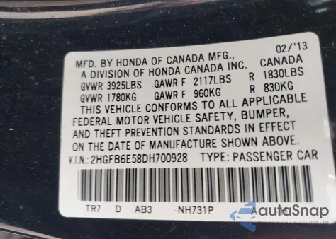 2013 Honda Civic Si from USA, damaged, VIN 2HGFB6E58DH700928